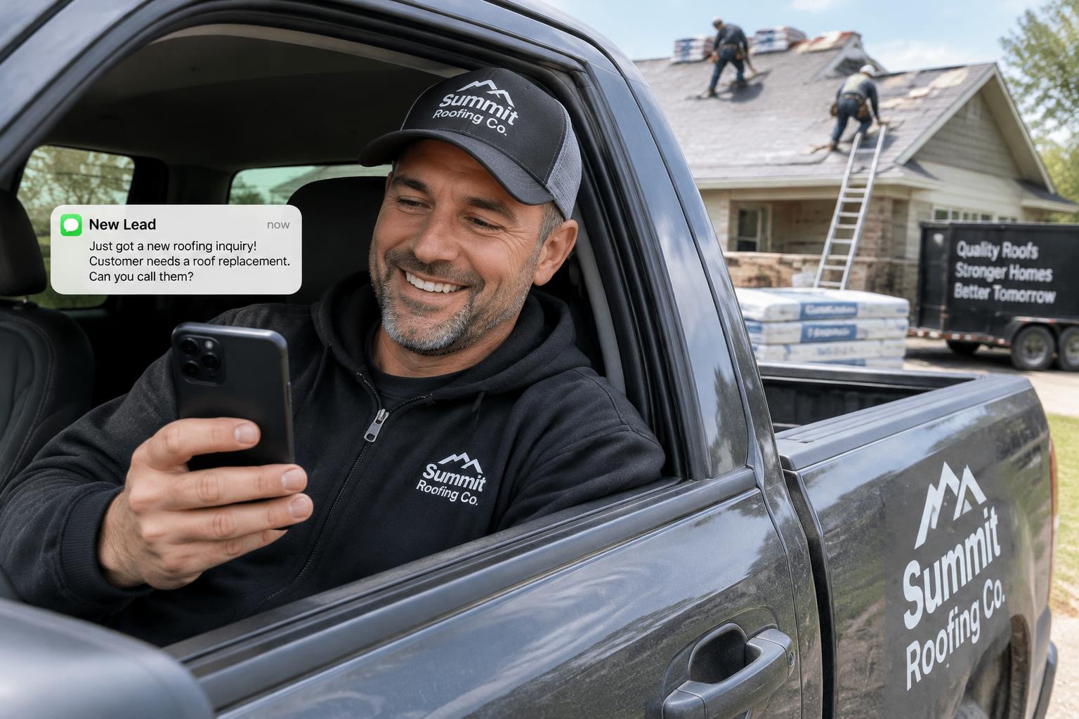 Roofing company owner checking a new lead on his phone