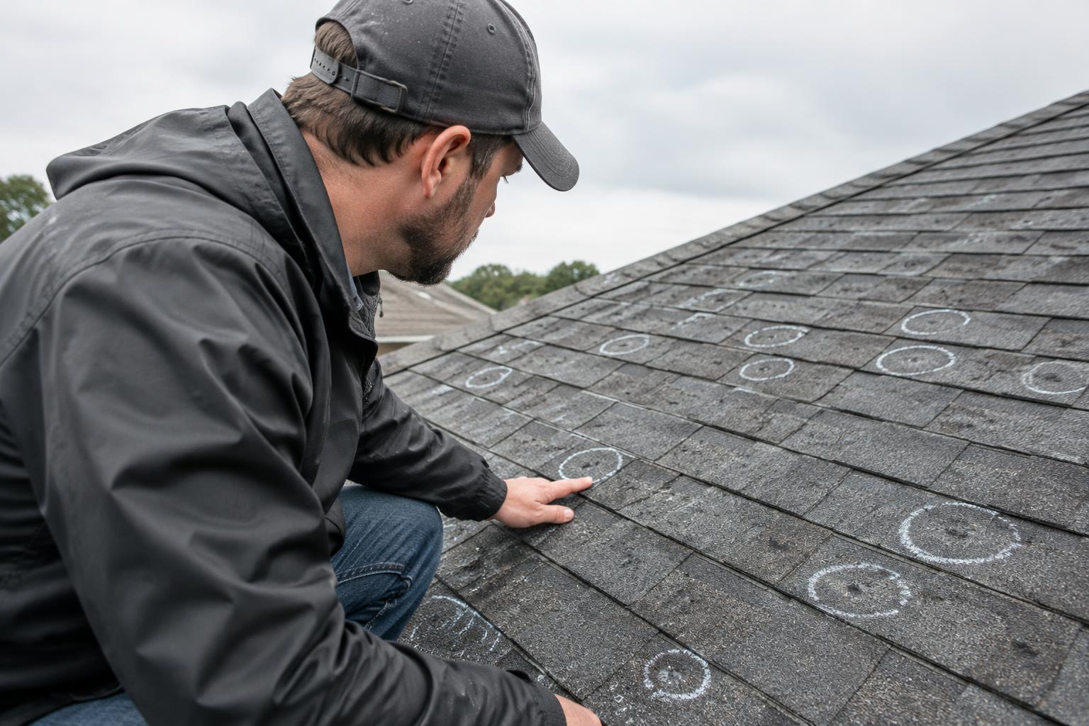 Roofer inspecting hail damage on shingles
